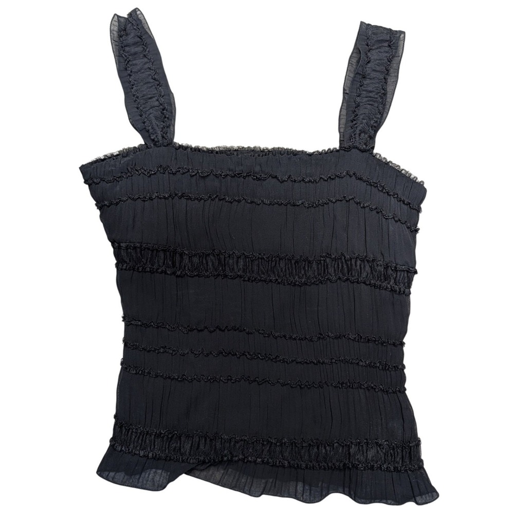 Black crinkle strappy tank top ruffled trim strap textured tiered design